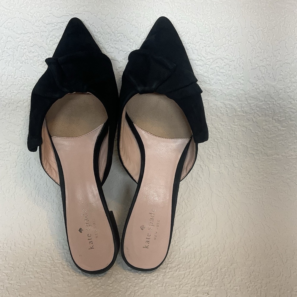 Size 10M Kate Spade New York Faryn Black Womens Suede Ruffle Bow Flat Mules - Picture 4 of 10